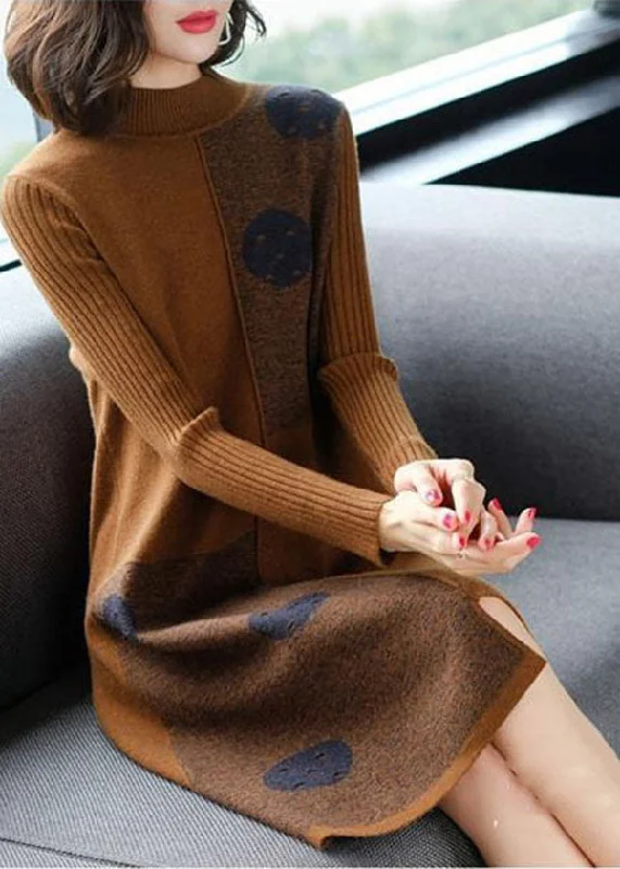 women’s business casual tops-Fashion Chocolate High Neck Asymmetrical Design Knit Sweater Dress Long Sleeve