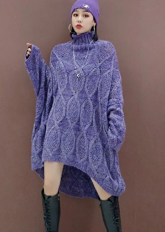 women’s chic work sweaters-Plus Size Purple low high design Long Knit Dress Spring