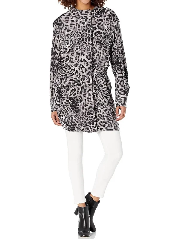 women’s cozy printed sweaters-Hooded Cargo Jacket In Grey Leopard