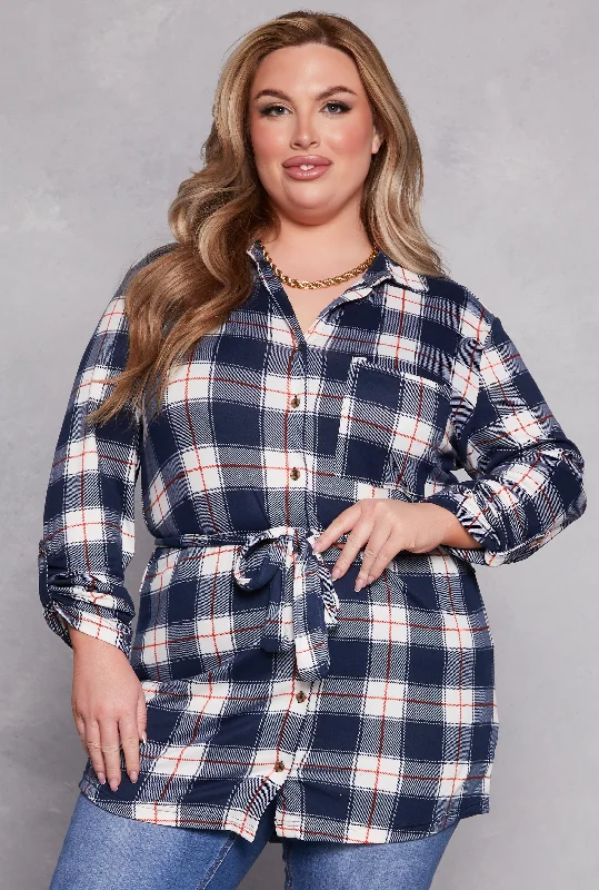 women’s comfortable weekend outfits-Plus Size Plaid Tie Waist Belted Shirt