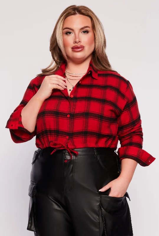 women’s elegant weekend dresses-Plus Size Plaid Tie Hem Crop Top