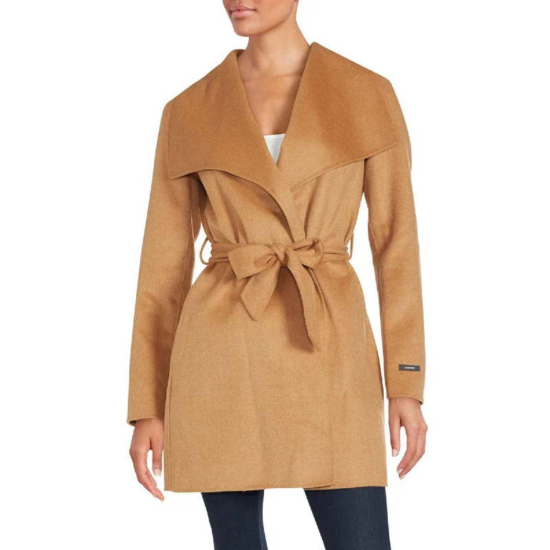 women’s comfy office cardigans-T Tahari Women's Classic Double Face Wool Blend Wrap Coat, Camel