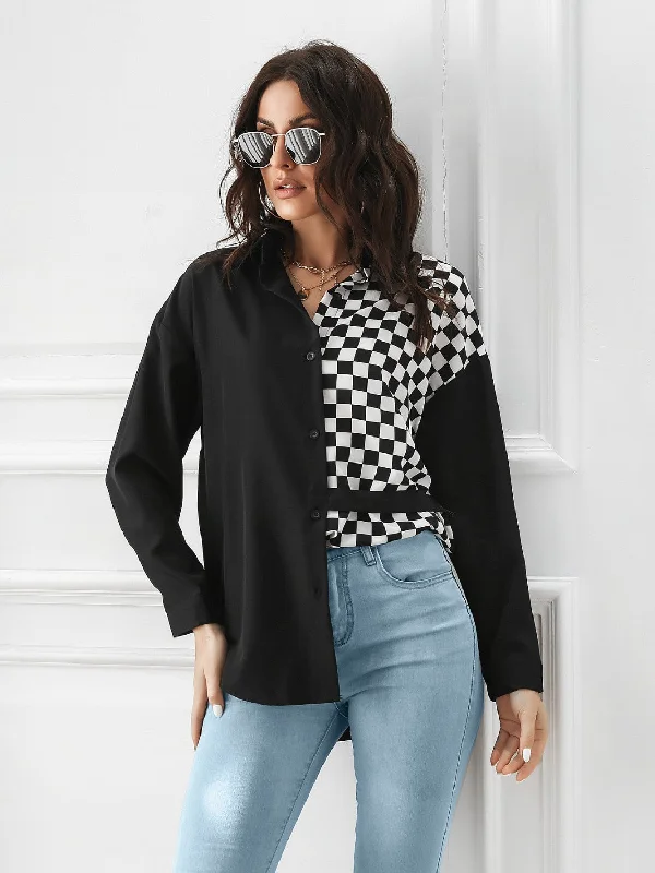 women’s stylish knitted pants-Contrast Button Up Long Sleeve Shirt