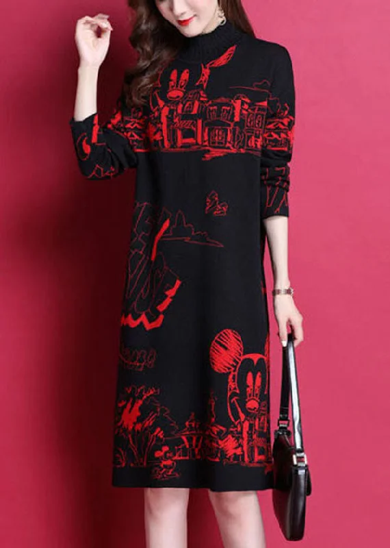 women’s stylish knitted pants-Red Print Thick Knit Long Sweater Dress High Neck Long Sleeve