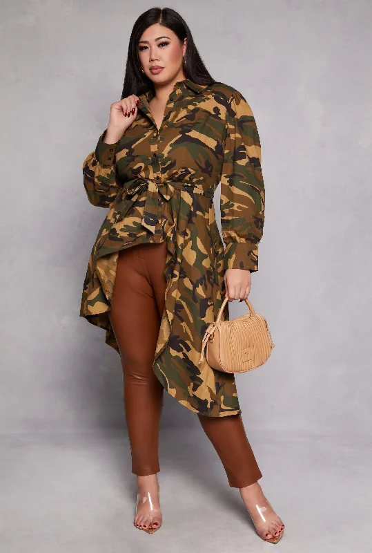 women’s stylish dress tops-Plus Size Camo High Low Shirt