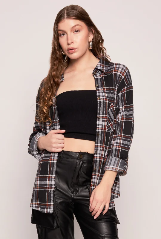 women’s comfy knit cardigans-Plaid Button Front Tabbed Sleeve Shirt