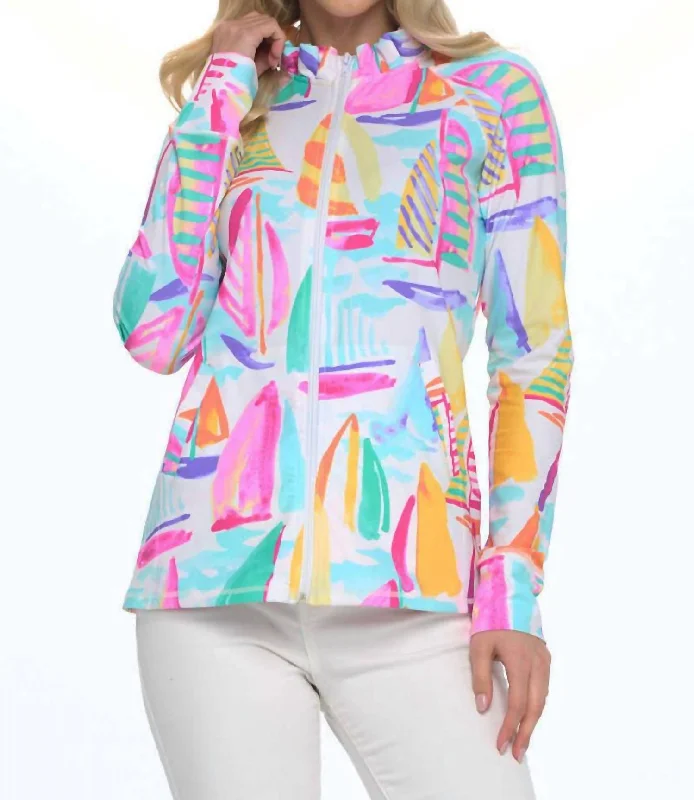 women’s trendy fashion accessories-Marcia Ruffle Neck Sailboat Print Jacket In Multi