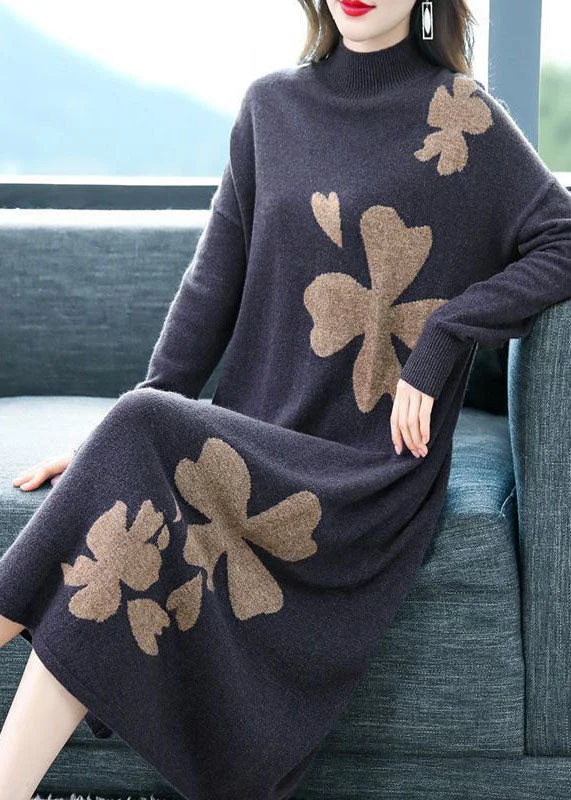 women’s chic printed work skirts-DIY Purple Stand Collar Embroideried Knit Cashmere Sweater Dress Long Sleeve