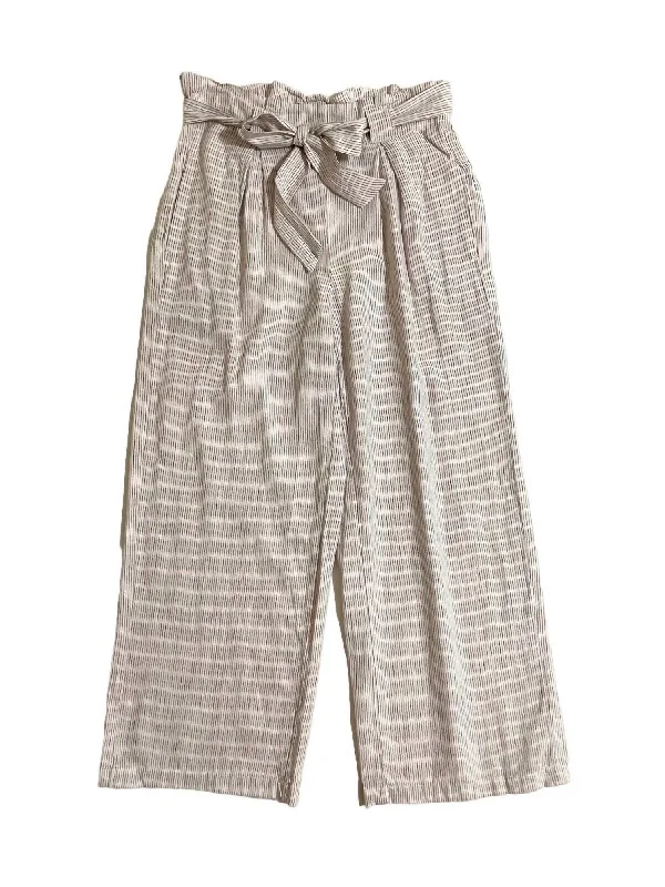 women’s stylish dress pants-Women's Striped Linen Paperbag Belted Waist Wide Leg Pants In Striped Beige