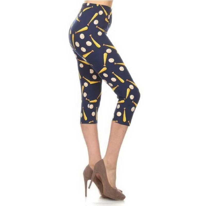 women’s trendy evening fashion-Baseball Printed, High Waisted Capri Leggings In A Fitted Style With An Elastic Waistband