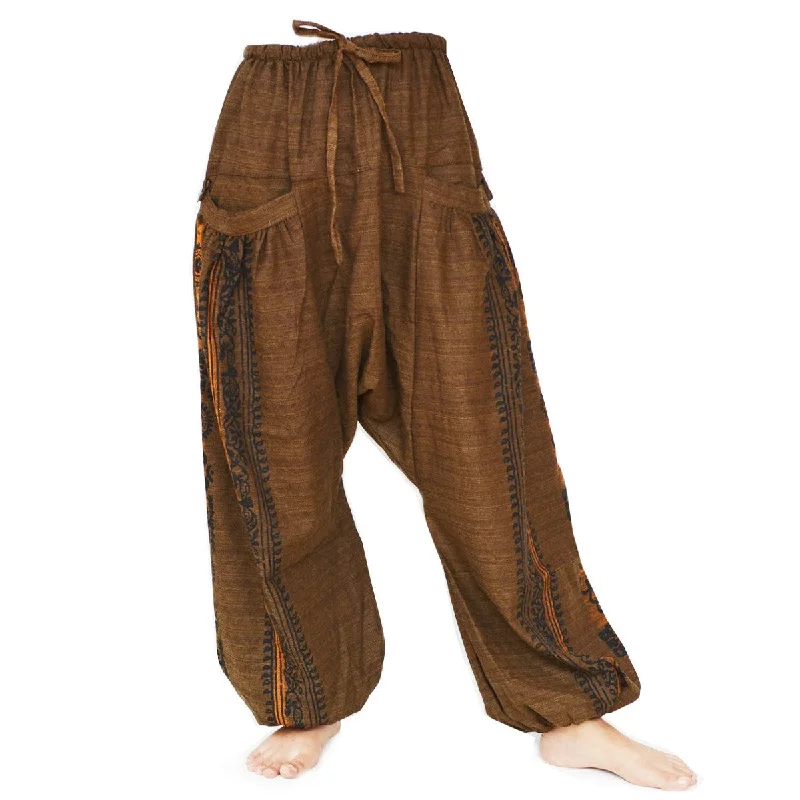 women’s trendy velvet tops-Wide Leg Harem Pants Baggy Pants Men Women 2 Big Pockets printed Brown