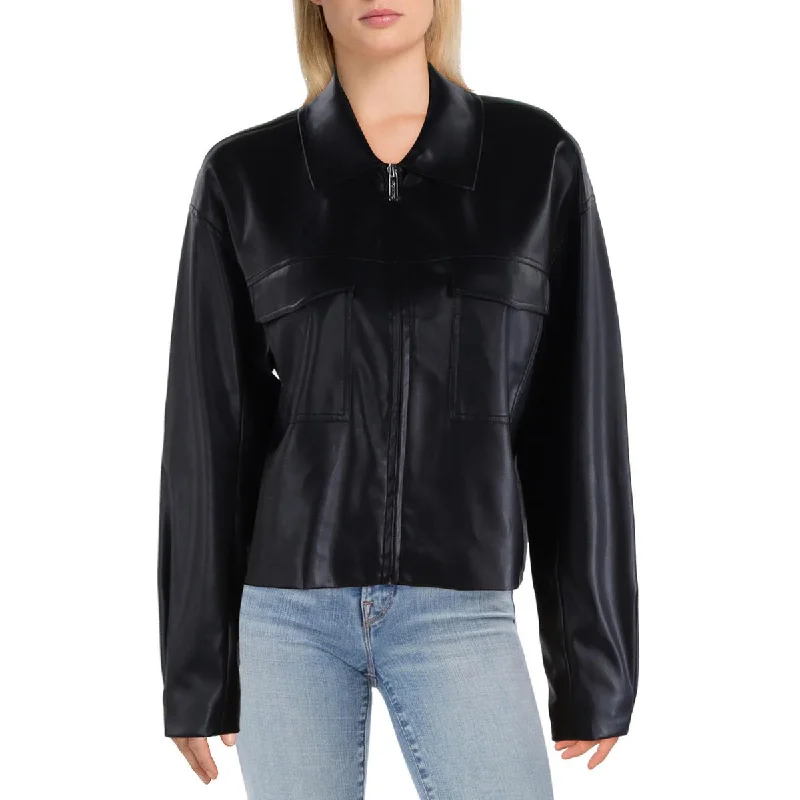 women’s stylish party dresses-Calvin Klein Womens Faux Leather Short Motorcycle Jacket