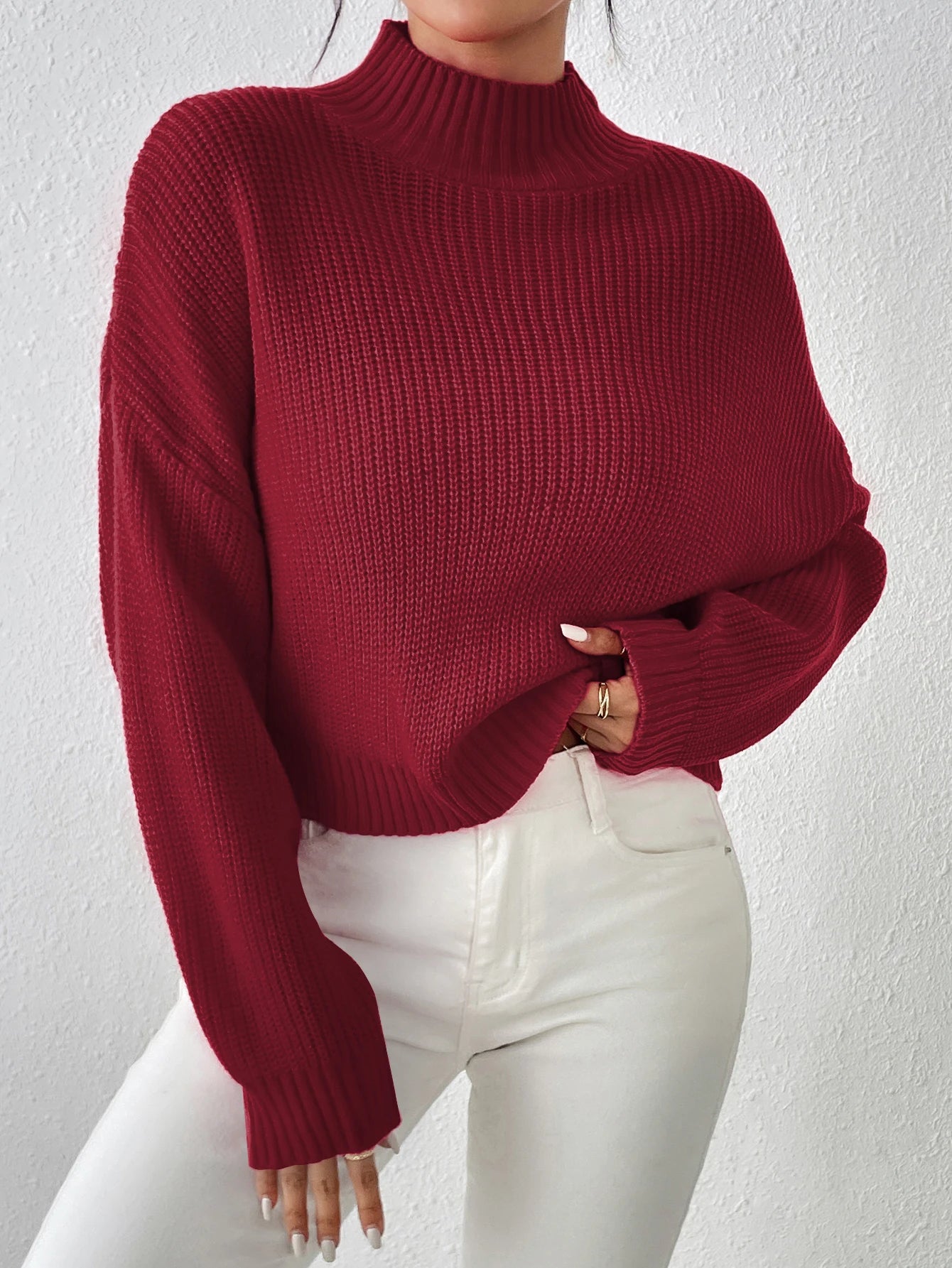 women’s smart casual sweaters-Ribbed Knitted Mock Long Solid High Drop Shoulder Sweater