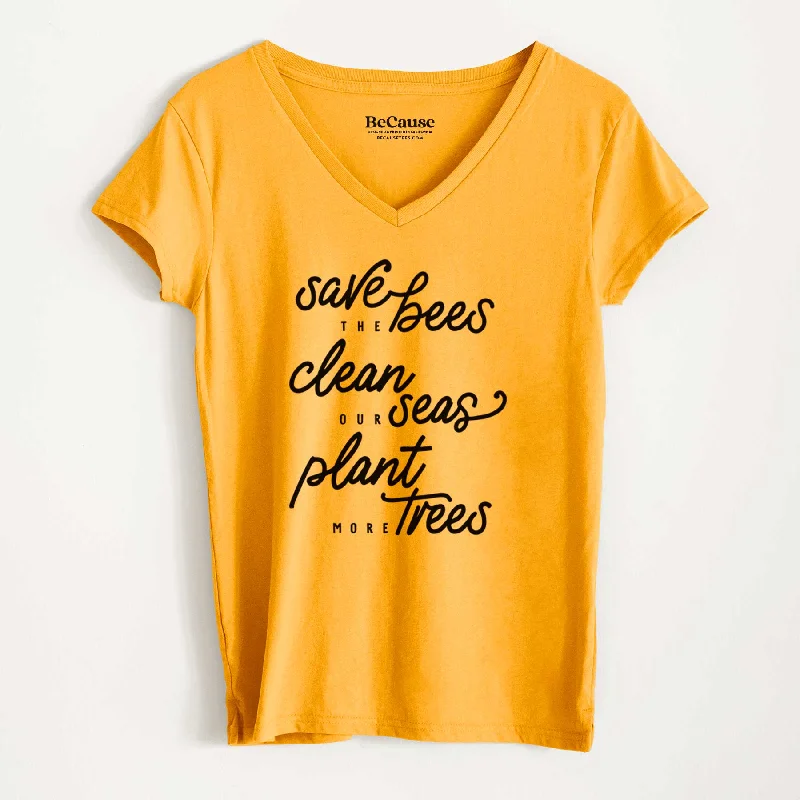 women’s fashionable skirts-Bees Seas Trees - Typography - Women's 100% Recycled V-neck