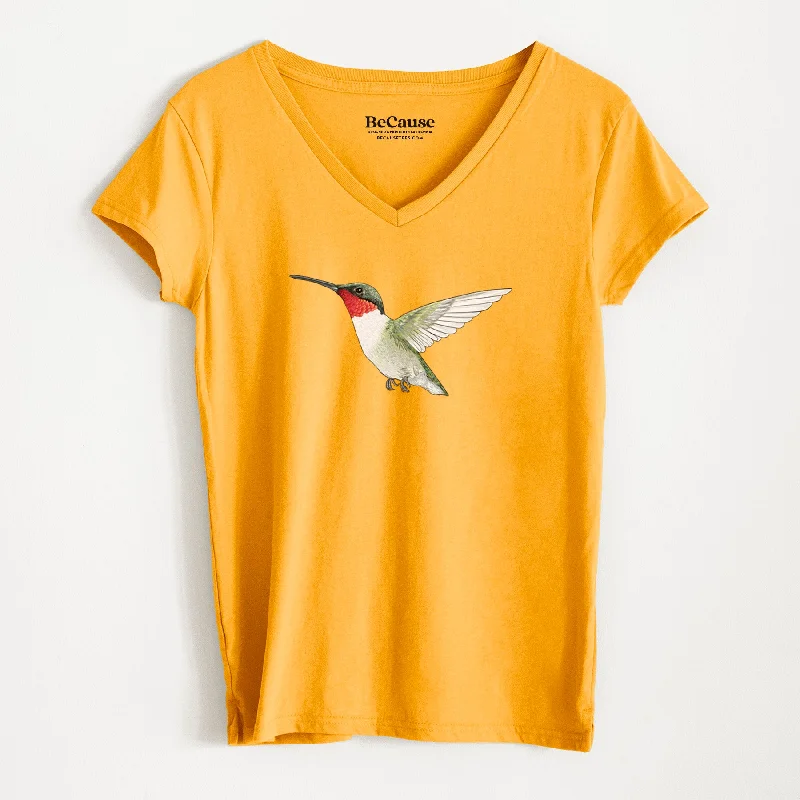 women’s cozy holiday cardigans-Vibrant Ruby-throated Hummingbird - Archilochus colubris - Women's 100% Recycled V-neck