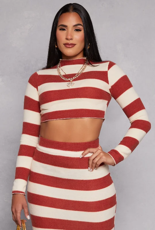 women’s trendy activewear tops-Brush Knit Striped Crop Top