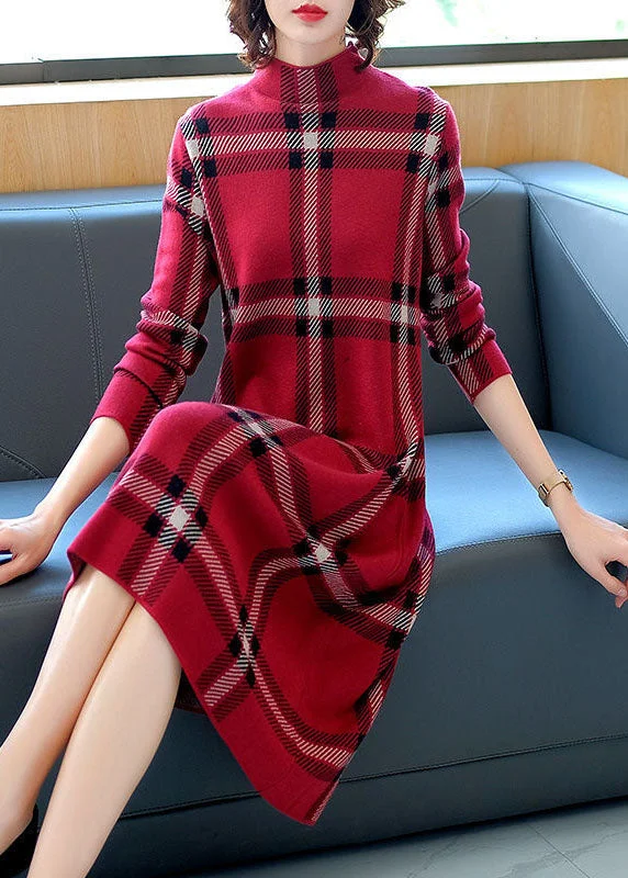 women’s formal wool coats-Italian Red High Neck Plaid Cashmere Knit Sweater Dress Long Sleeve