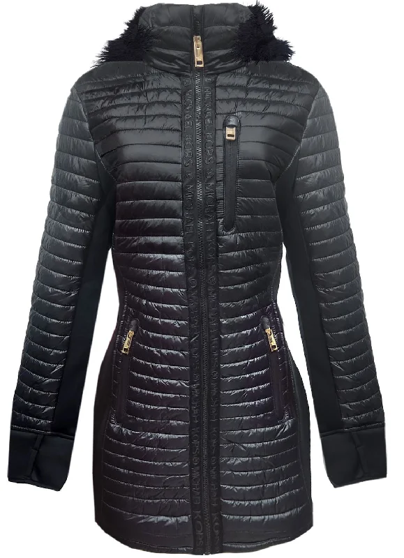 women’s comfortable winter skirts-Michael Michael Kors Women Black Quilted Mixed Media Faux Fur Hood 3/4 Coat