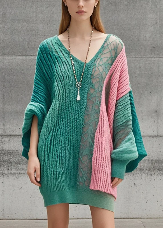 women’s comfortable knit skirts-French Green Asymmetrical Patchwork Long Knit Dress Batwing Sleeve