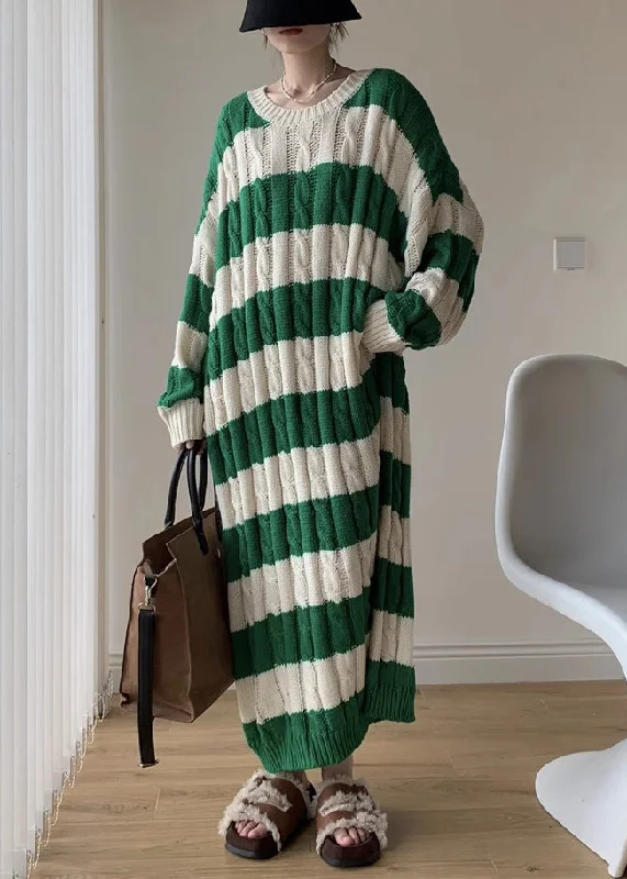 women’s comfy office cardigans-Green Cozy Cotton Cable Long Knit Dress O Neck Winter