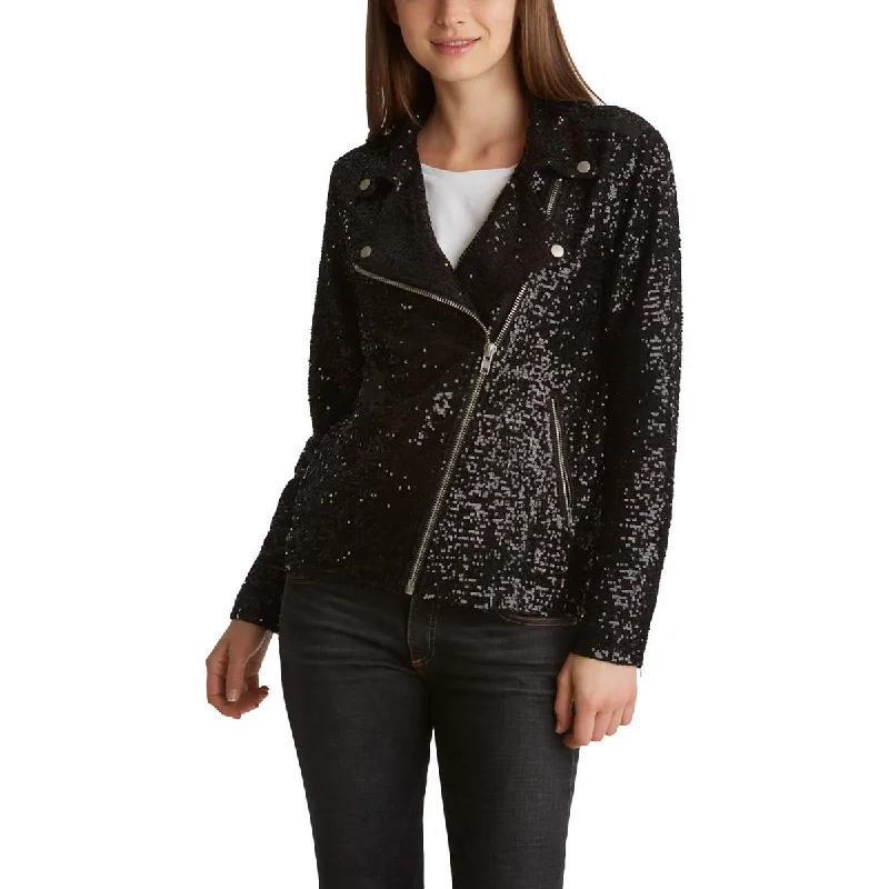 women’s stylish wool dresses-Adyson Parker Womens Sequined Long Sleeves Motorcycle Jacket