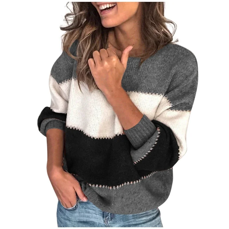 women’s cozy wool coats-DressBetty - Women Stitching Color Stripe O-Neck Sweater Long-Sleeved Knitted Pullover Top Ladies FallWinter Casual Sweatshirt Top Sweater