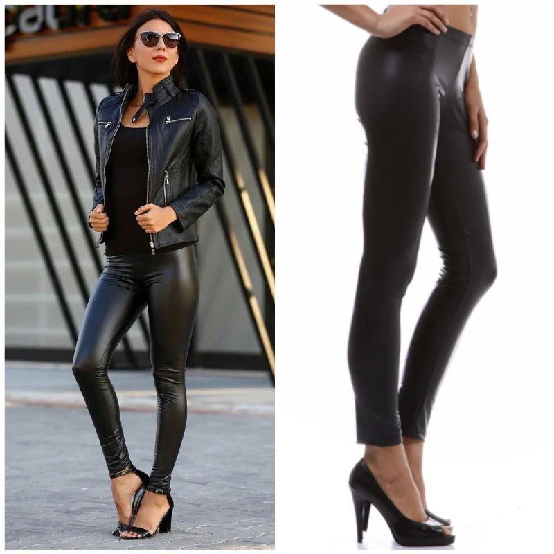 women’s casual fall dresses-Black Matte Vegan Faux Leather Leggings Stretch Pants S M L