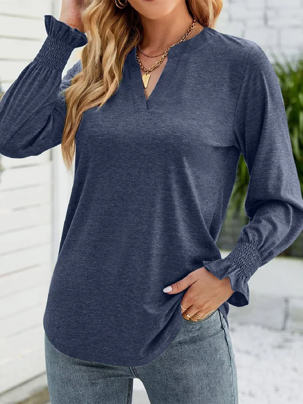 women’s fashionable sweaters for winter-Full Size Notched Long Sleeve T-Shirt