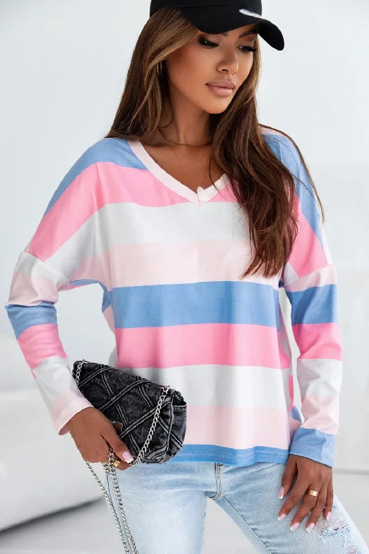 women’s fashion winter pants-Color Block V-Neck Long Sleeve T-Shirt