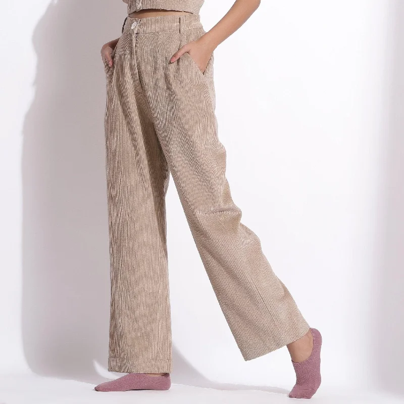 women’s casual knit sweaters-Taupe Beige Warm Cotton Corduroy Wide Legged Trousers