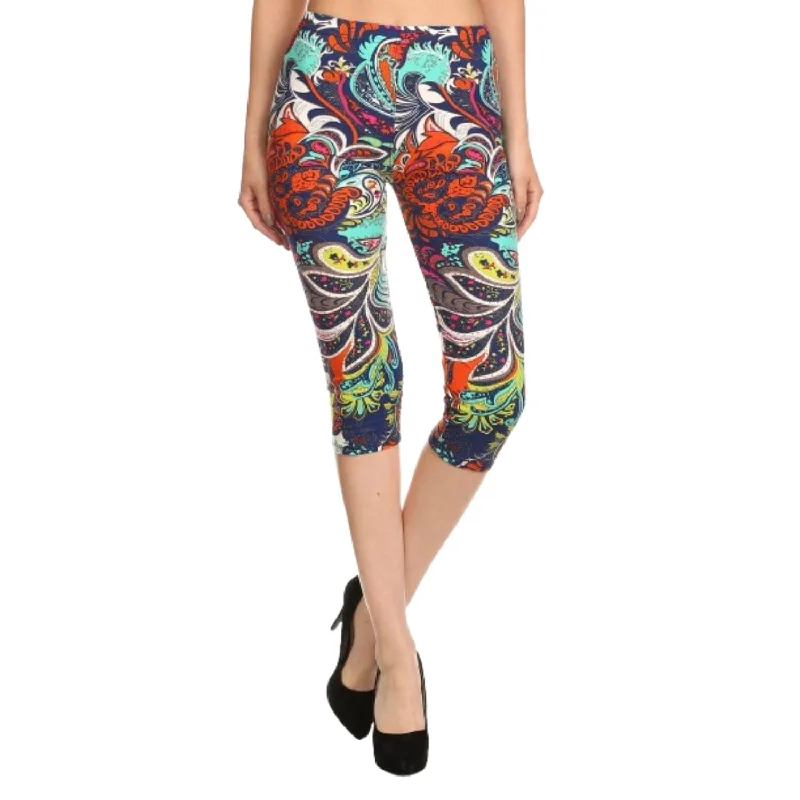 women’s comfy casual coats-Multi-color Ornate Print Cropped Length Fitted Leggings With High Elastic Waist.