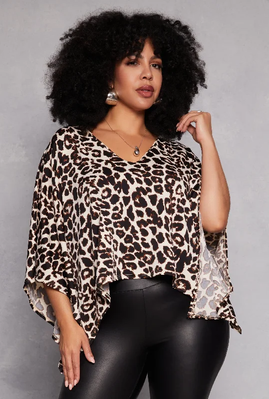 women’s cozy knit cardigans for winter-Plus Size Animal Print Batwing Sleeve Top