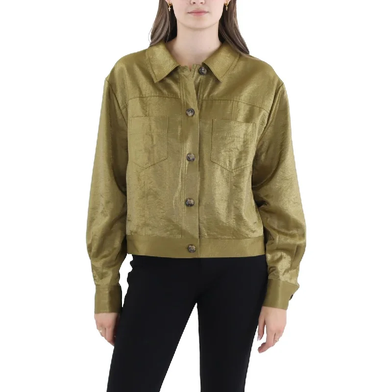 women’s cozy printed sweaters-French Connection Womens Shimmer Button-Down Utility Jacket