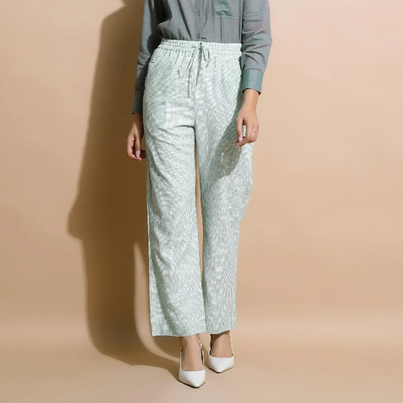 women’s smart casual trousers-Light Green Checkered Cotton Muslin Elasticated Mid-Rise Pant