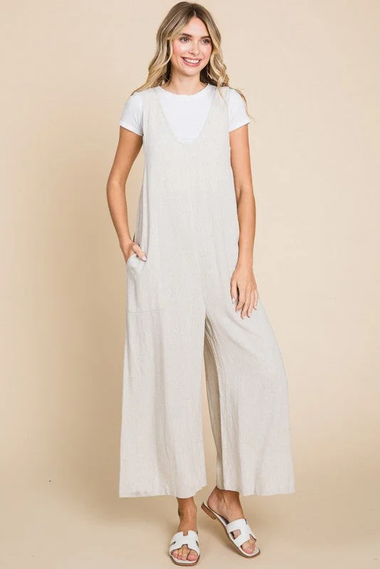 women’s chic winter formal wear-Solid Linen Sleeveless Jumpsuit