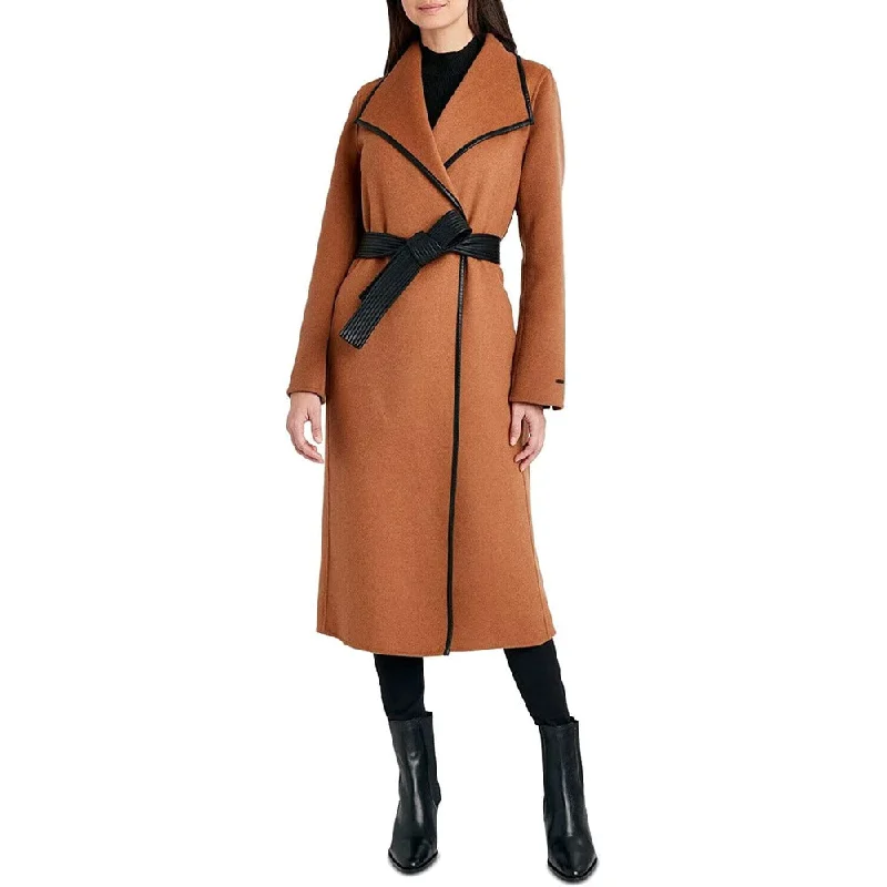 women’s office winter boots-Tahari Women's Black Juliette Double Face Wool Belted Coat with Faux Leather Trim Caramel