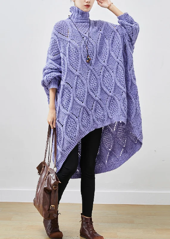 women’s trendy holiday sweaters-French Purple Turtle Neck Low High Design Cable Long Knit Dress Winter