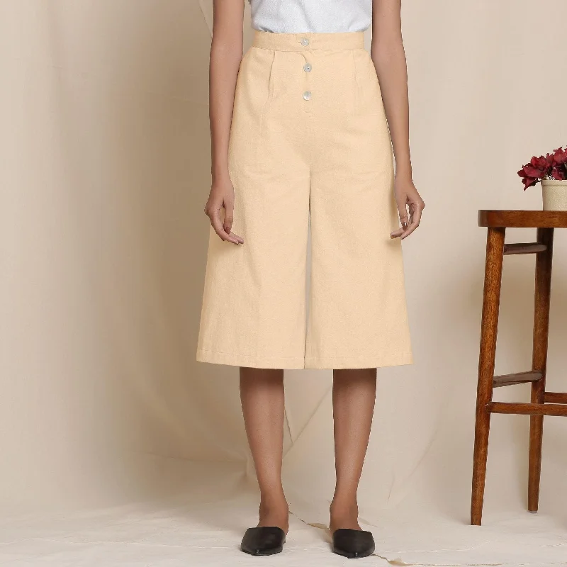 women’s stylish knitwear for fall-Solid Beige Warm Cotton Flannel High-Rise Culottes