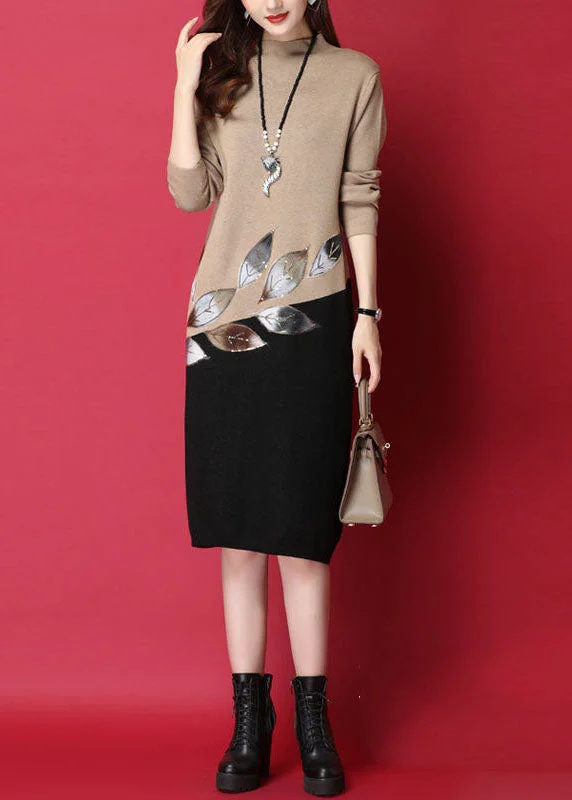 women’s stylish formal dresses-Camel Patchwork Knitted Sweater Dress Leaf Sequins Long Sleeve