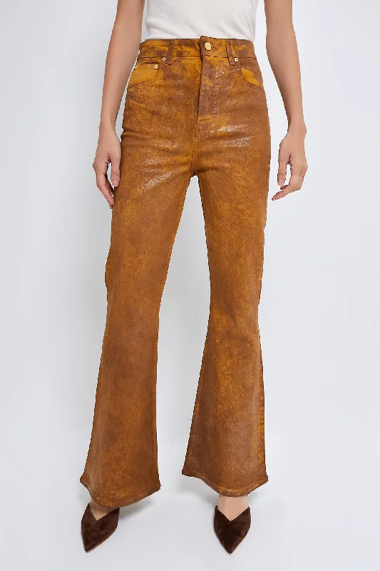 women’s stylish winter coats-Cognac Foil Overdyed Denim Flare Jeans