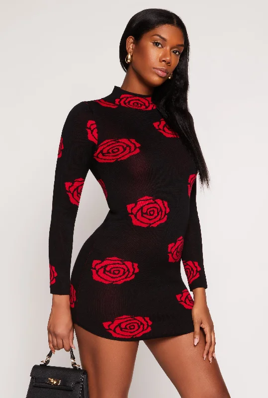 women’s chic leather skirts-Rose Print Mini Sweater Dress