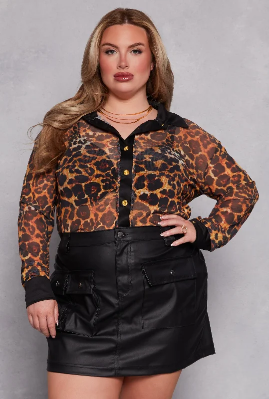 women’s comfortable work tops-Plus Size Leopard Mesh Button Front Shirt