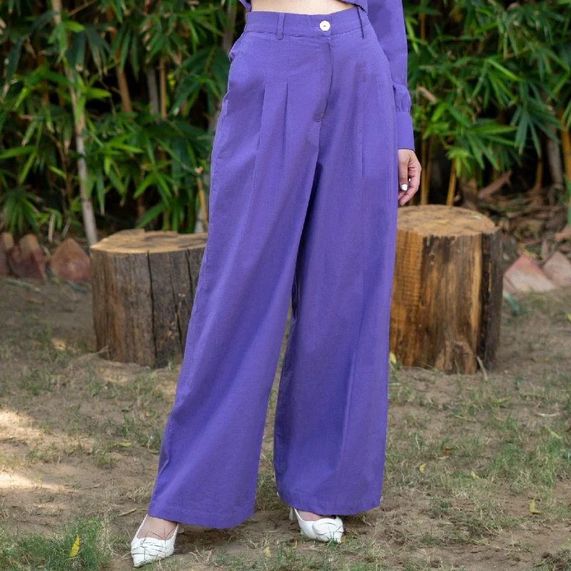 women’s cozy evening skirts for winter-Purple Cotton Poplin High-Rise Elasticated Pleated Wide Legged Pant