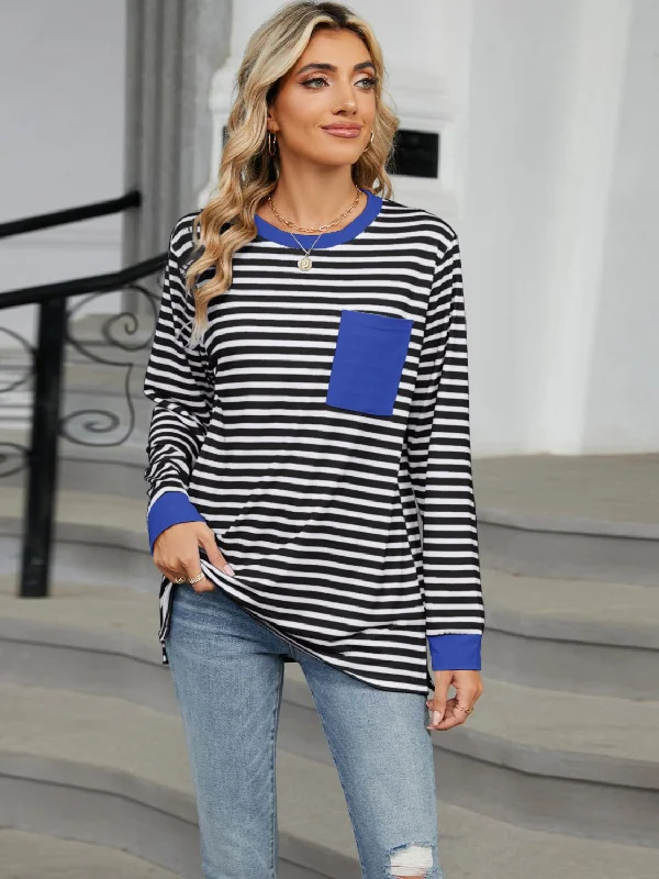 women’s cozy printed fashion sweaters-Pocketed Striped Round Neck Long Sleeve T-Shirt