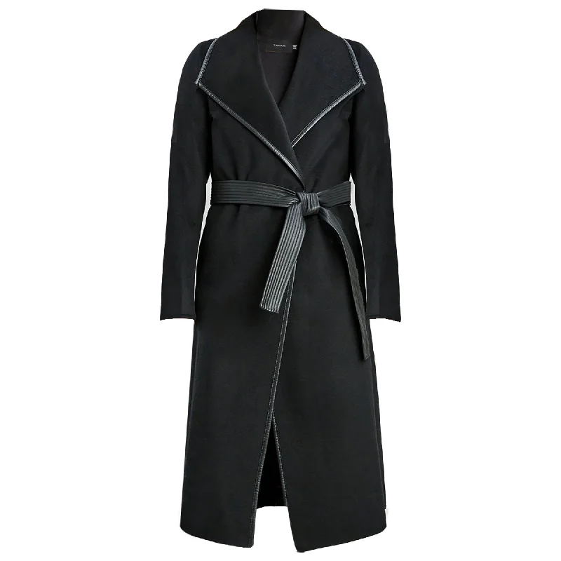 women’s chic knit dresses-Tahari Women's Black Juliette Double Face Wool Belted Coat with Faux Leather Trim