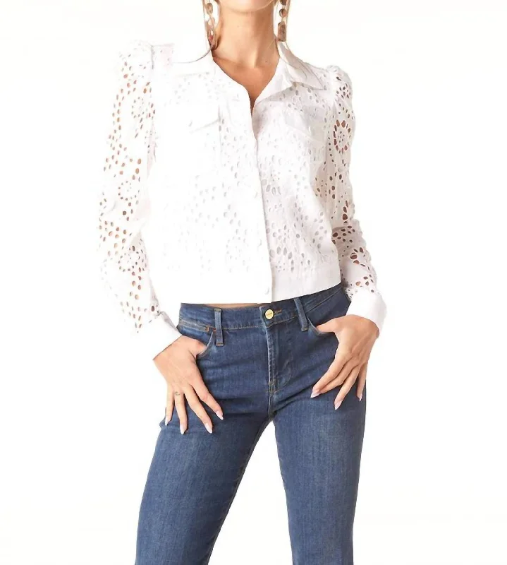 women’s business skirts for work-Averill Eyelet Jacket In White Eyelet