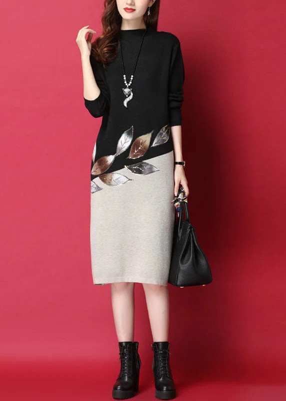 women’s trendy formal skirts-Fitted Black Stand Collar Patchwork Knit Sweater Dress Long Sleeve