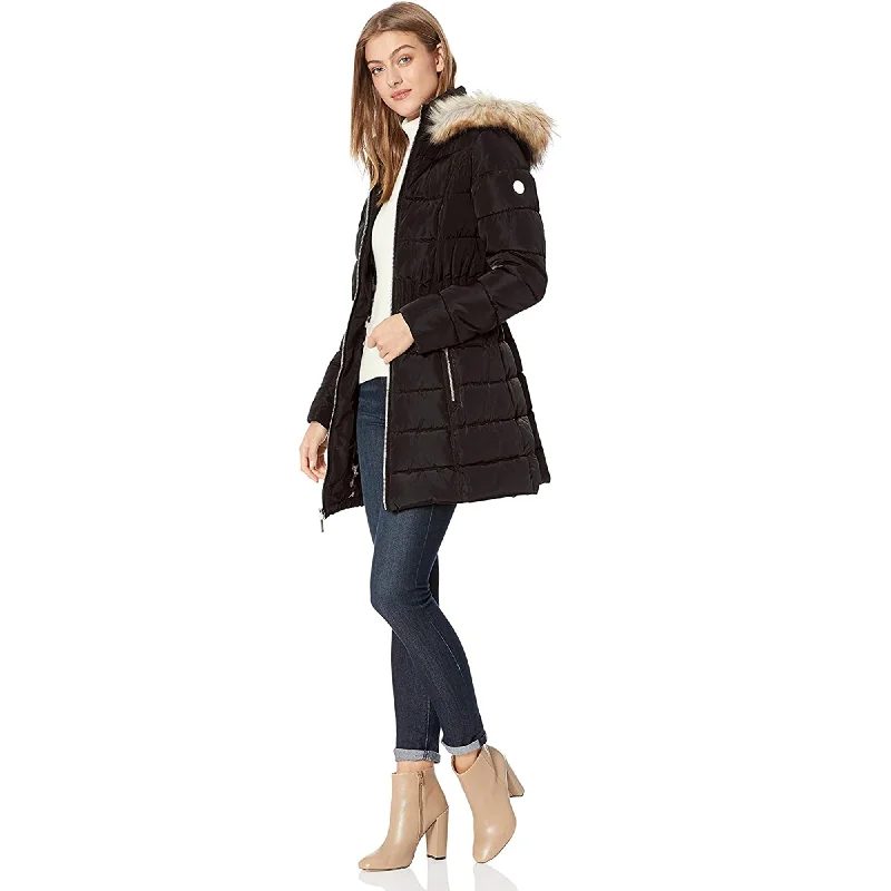 women’s trendy plaid jackets-Laundry by Shelli Segal Black Cinch Waist Down Puffer Hooded Coat