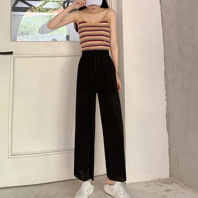 women’s elegant autumn dresses-Ice Silk Loose Casual Pants Summer Wide Leg Pants  Casual Elastic High Waist Fashion Loose Long Pants Pleated Pant Trousers