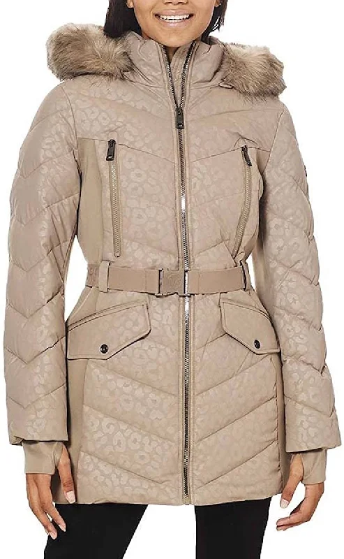 women’s stylish weekend skirts-Michael Michael Kors Women's Logo Lepaord Belted Hood Puffer Coat Taupe